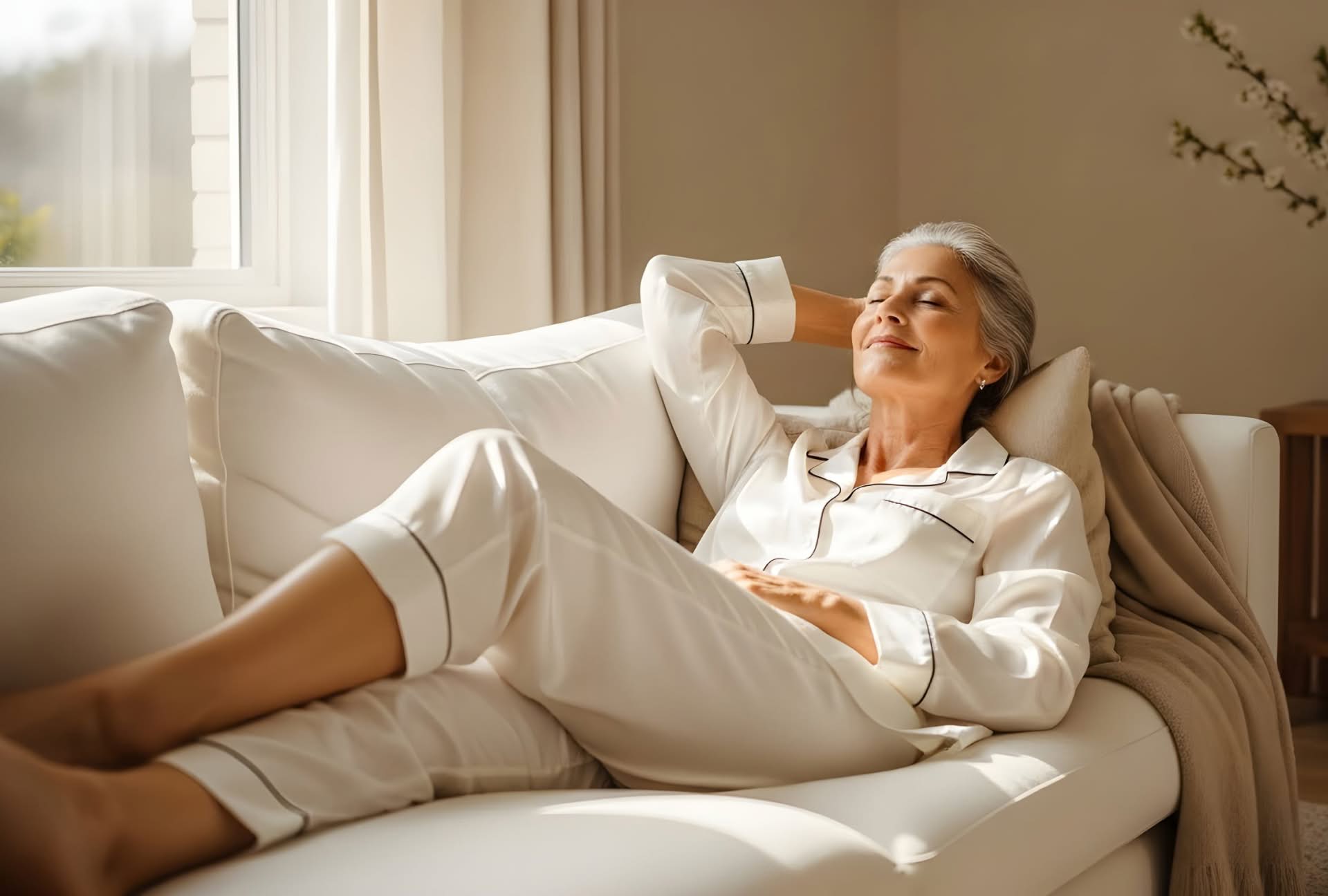 Relaxed woman lying on a sofa, representing comfortable legs and circulation support