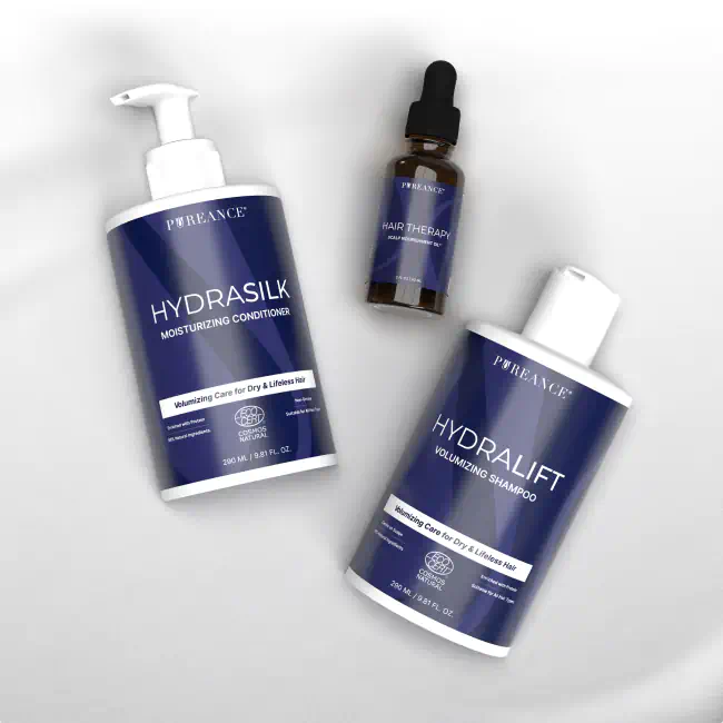 Pureance hair products for dry and dull hair including shampoo, conditioner, and scalp oil
