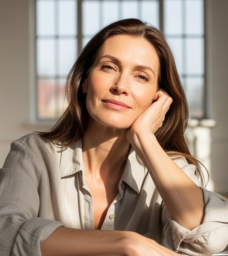 Confident middle-aged woman smiling in natural light