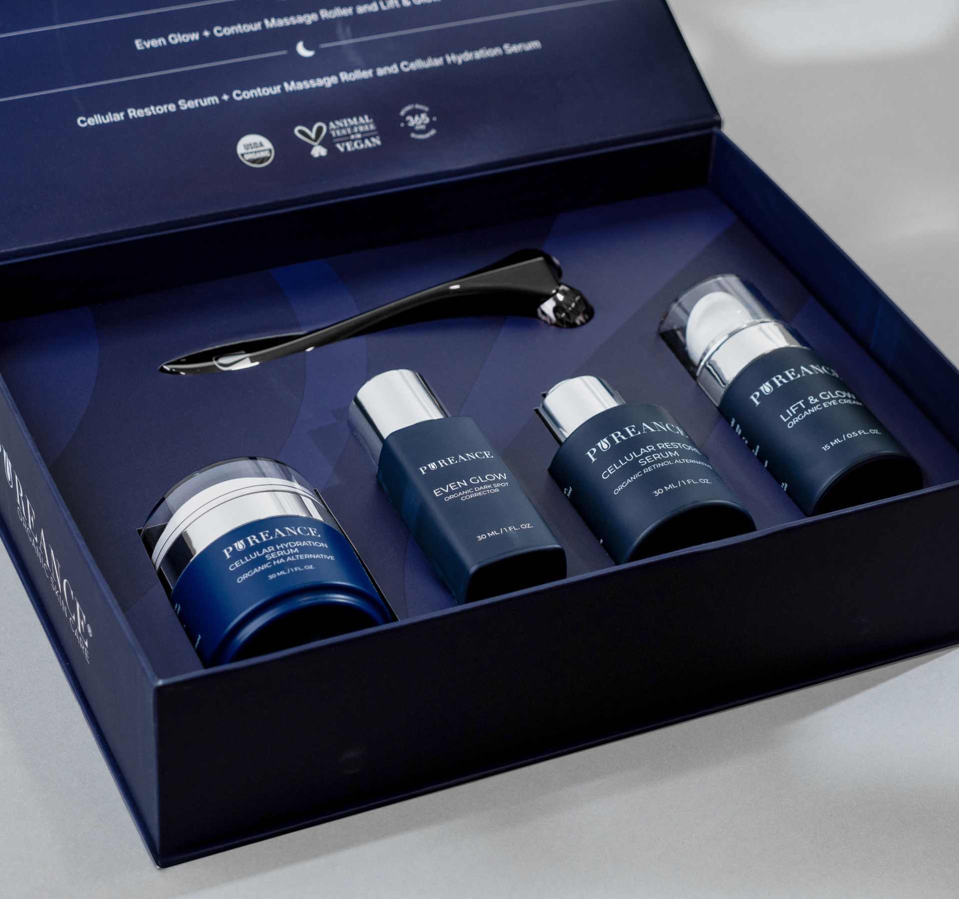 Pureance skincare set with four bottles and a roller