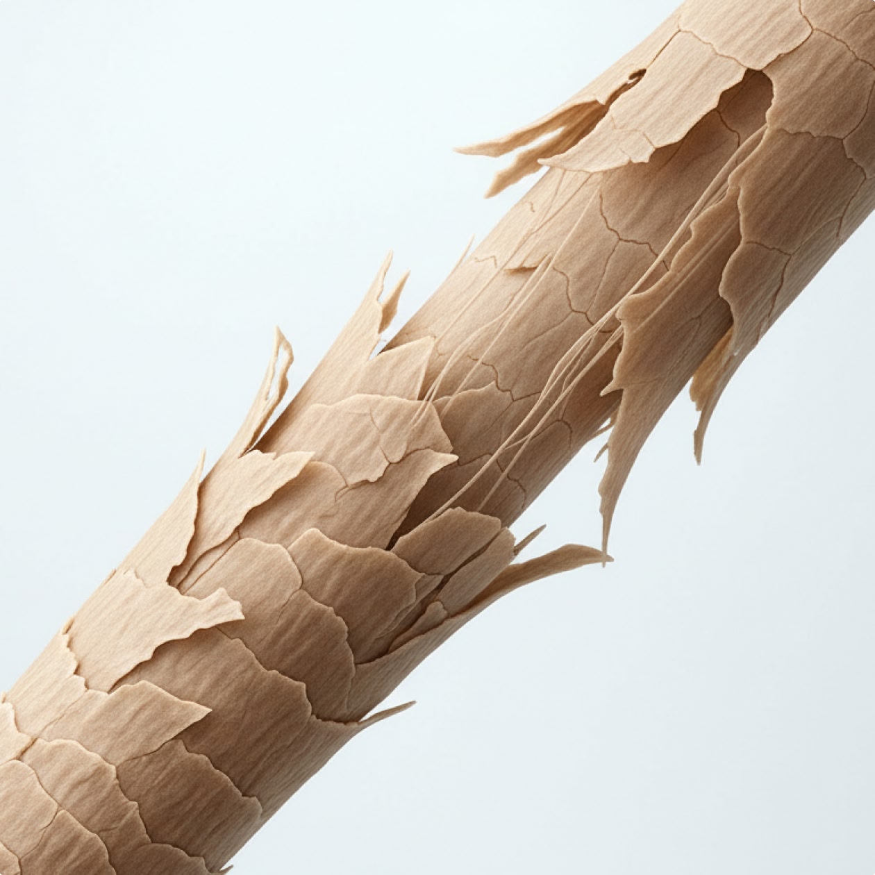 Close-up of hair strand with hard water buildup and lifted cuticle