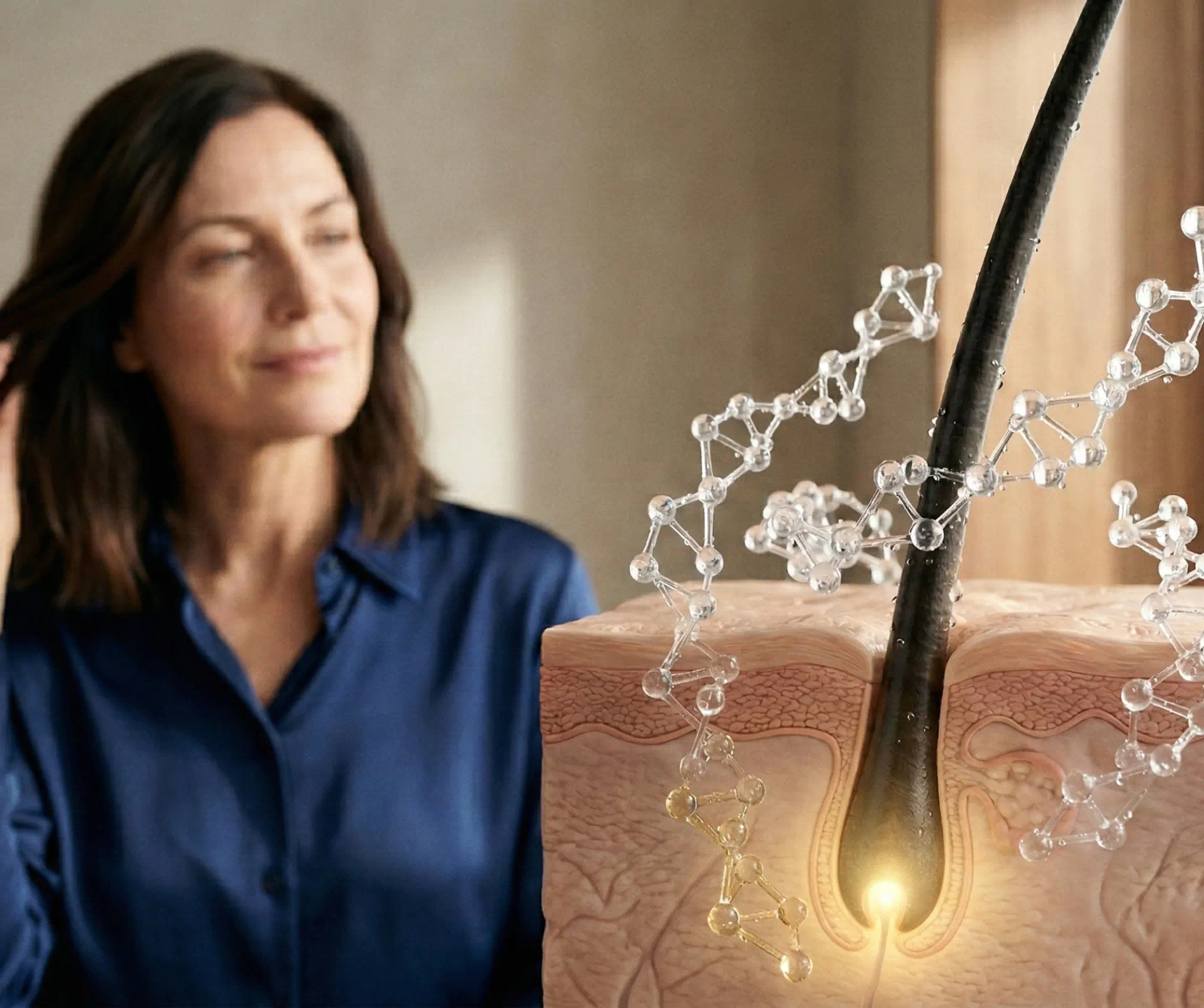 Woman beside hair follicle model with molecular structure overlay