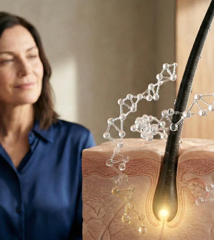 Woman beside hair follicle model with molecular structure overlay