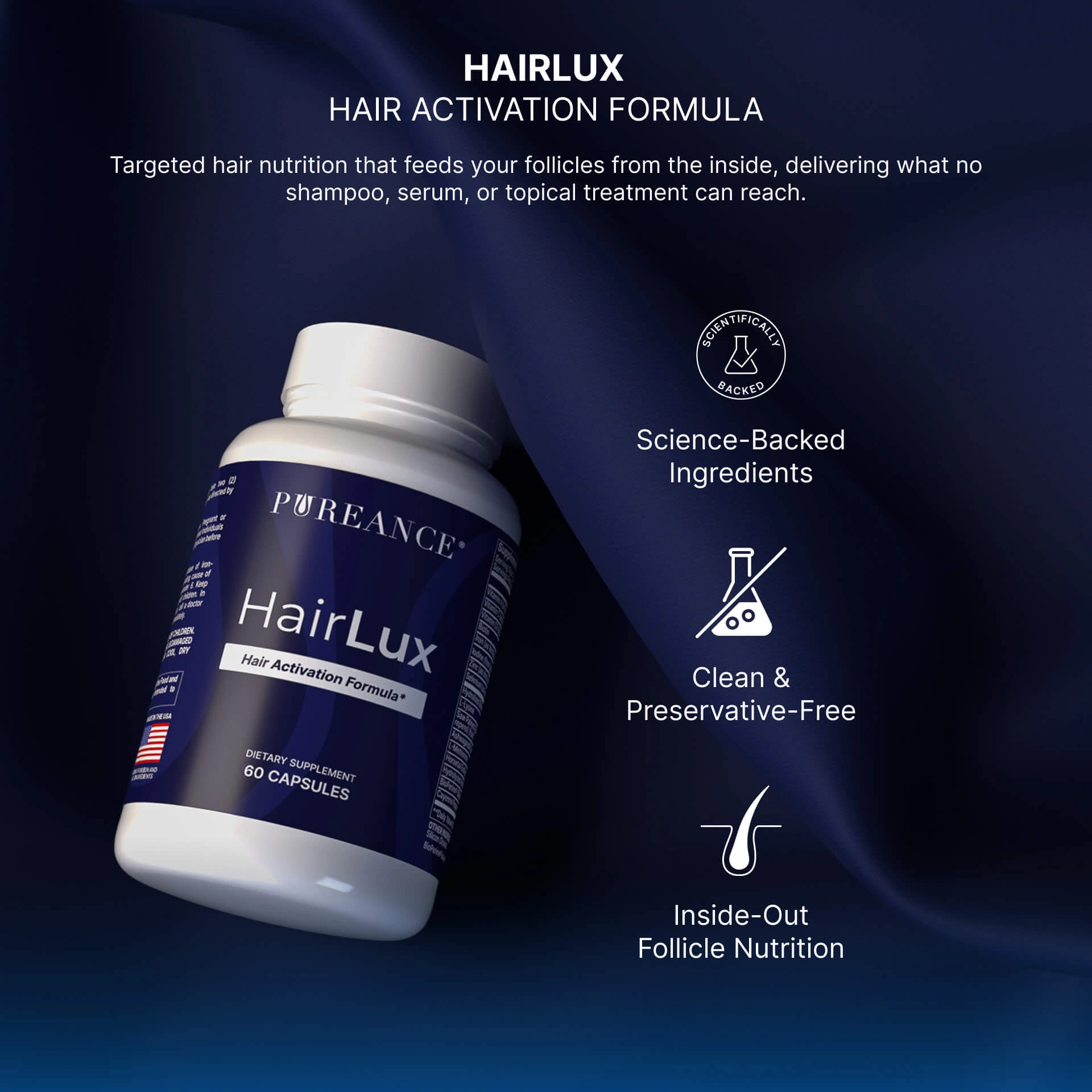 HairLux product bottle with clean formula callouts