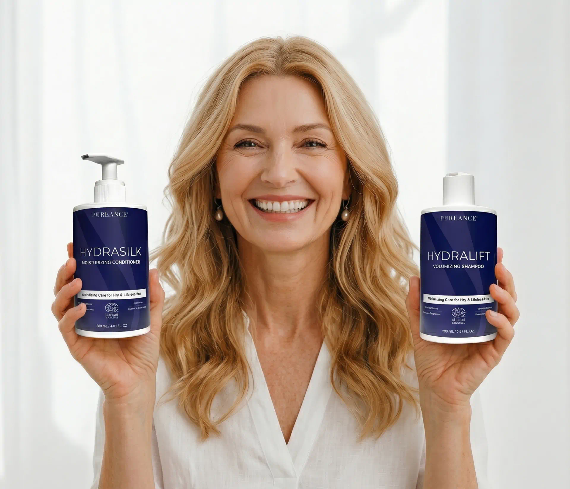 Woman holding Pureance HydraSilk conditioner and HydraLift shampoo