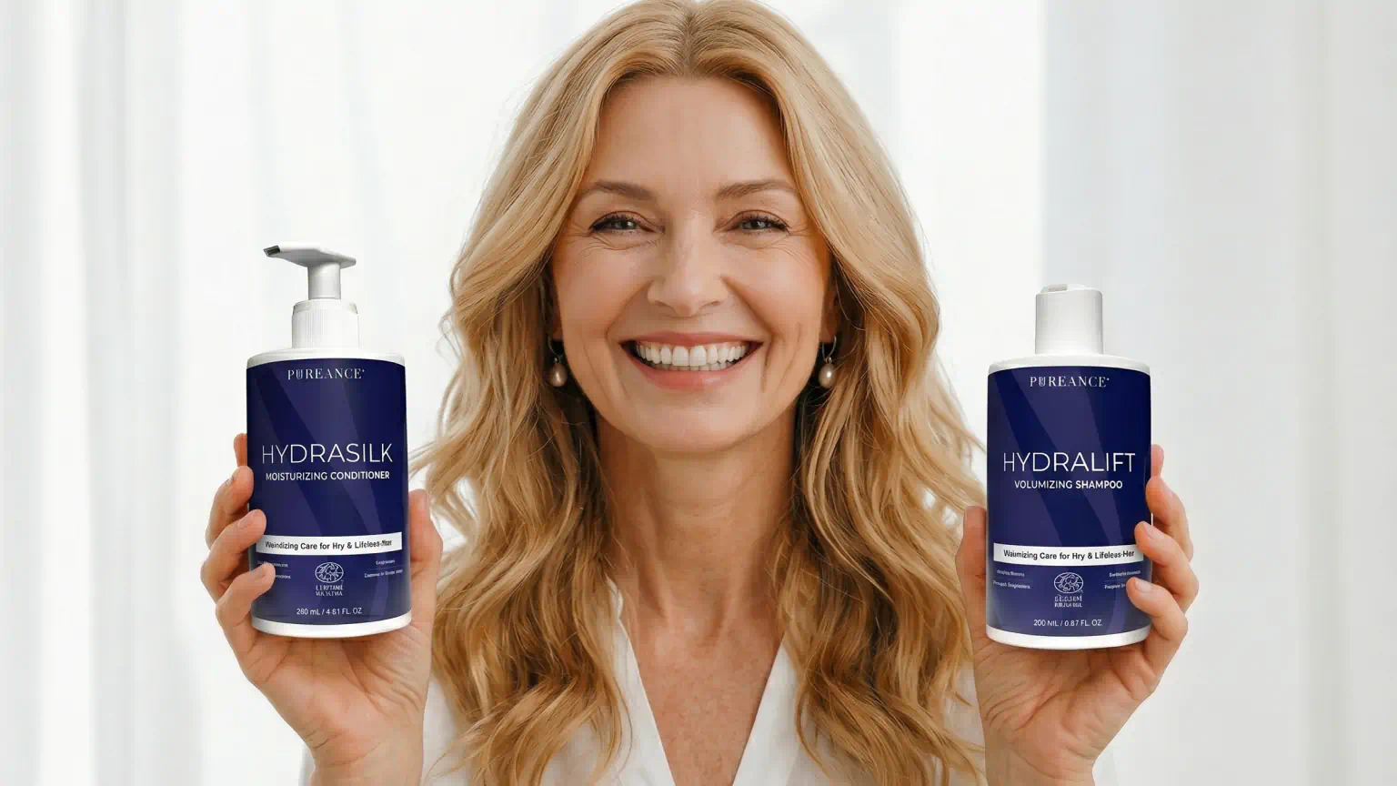Woman holding Pureance HydraSilk conditioner and HydraLift shampoo