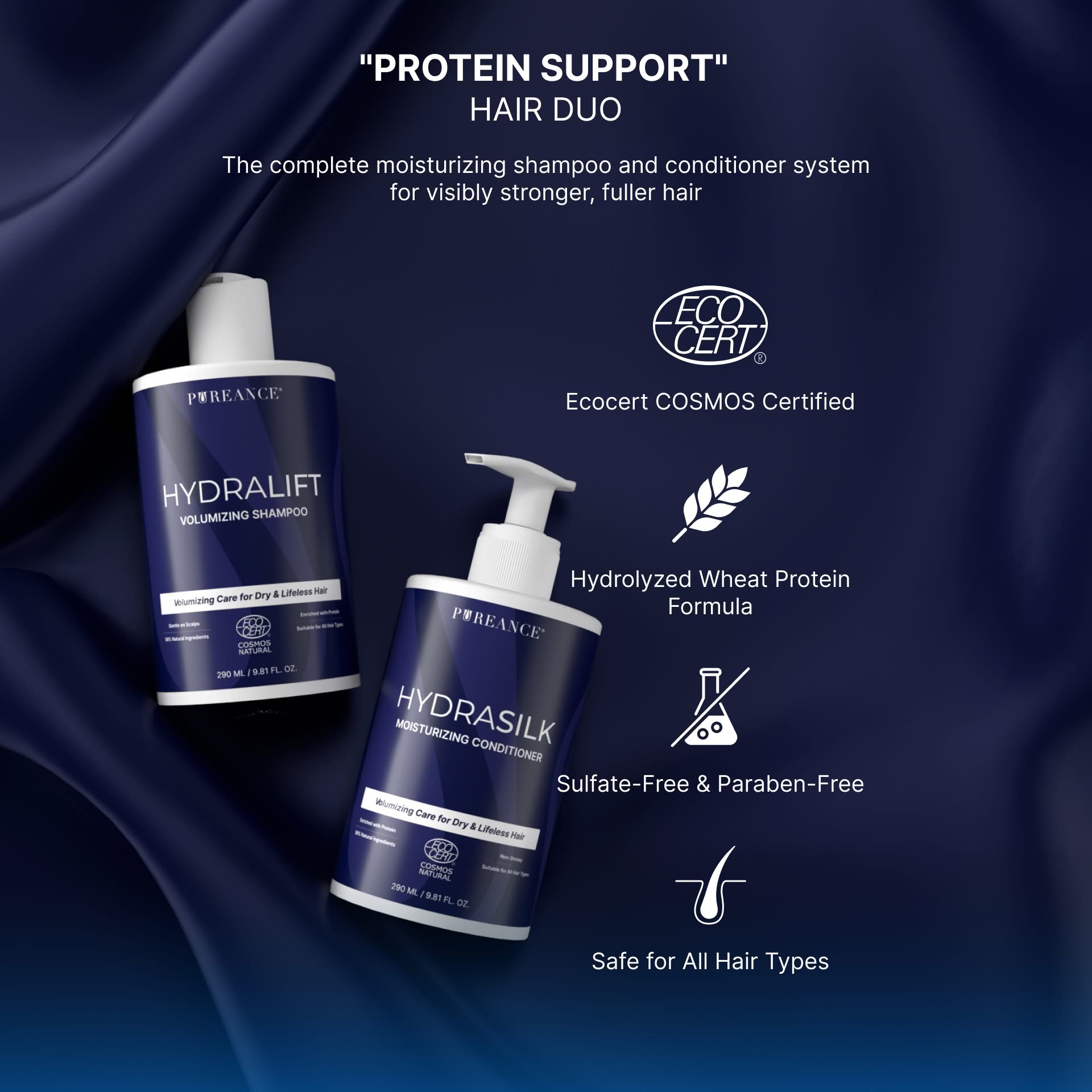 HydraLift and HydraSilk hair duo with formula benefit icons