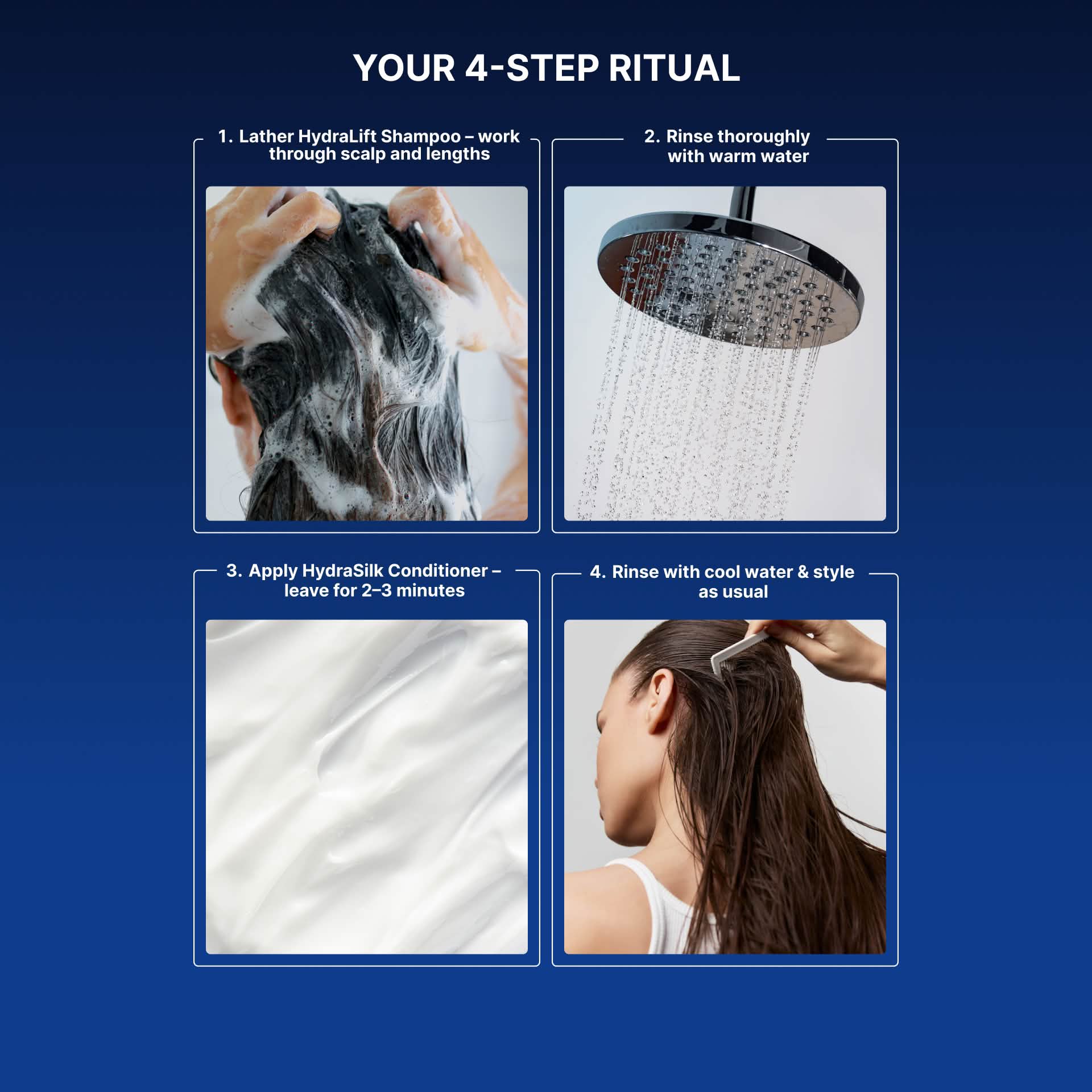 HydraLift and HydraSilk four-step hair care ritual instructions