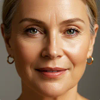 Mature woman with glowing skin and subtle makeup wearing gold hoop earrings