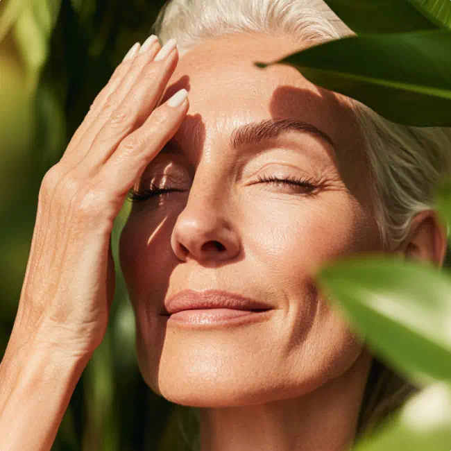 A close-up of a woman with light skin and gray hair, gently touching her forehead