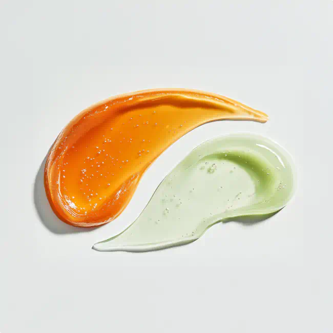 Swatches of orange and green gel skincare products with glossy texture