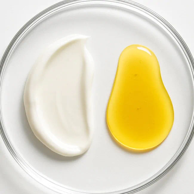 Swatches of white cream and golden oil side by side in a clear petri dish