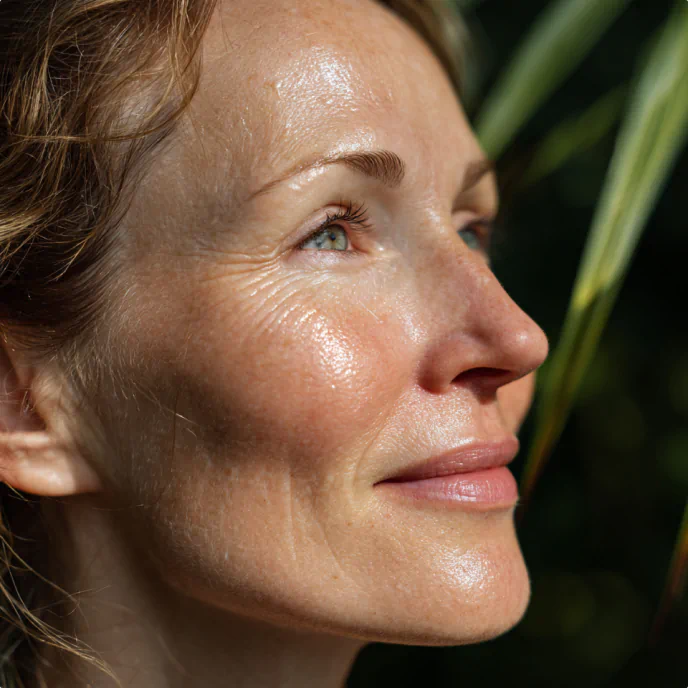 Woman with radiant, healthy skin gazing upward in natural sunlight