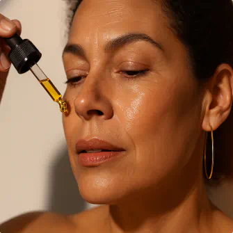 A woman applying rosehip oil from a dropper to her face