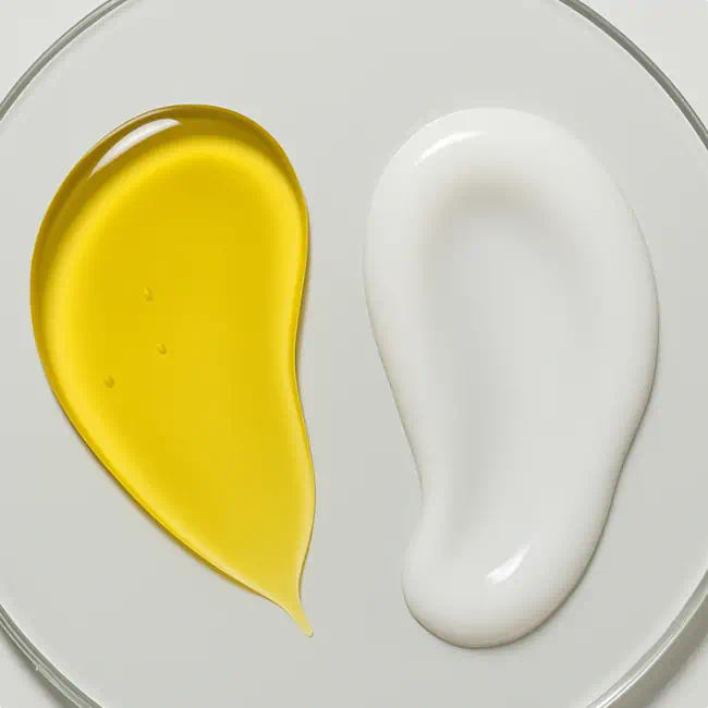 Two skincare textures on a white surface: a smooth, golden oil and a creamy white lotion