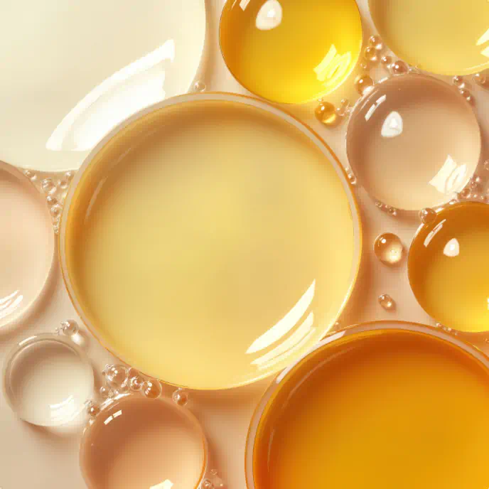 Close-up of layered golden oil droplets in various sizes