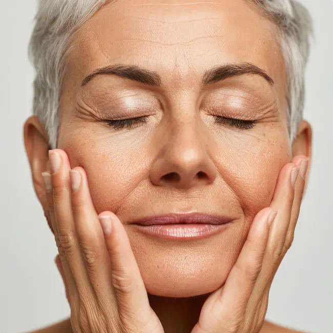Close-up of a mature woman with short gray hair gently touching her face