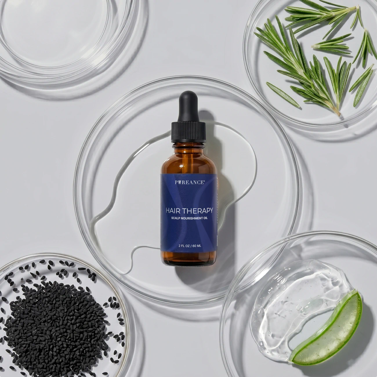 Pureance Hair Therapy Scalp Nourishment Oil surrounded by ingredients