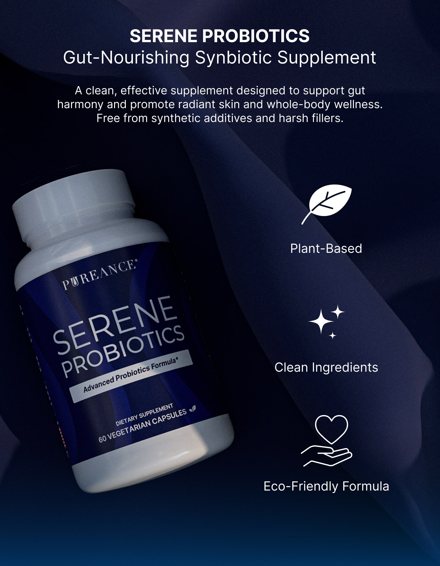 Woman holding Serene Probiotics with wellness benefits listed