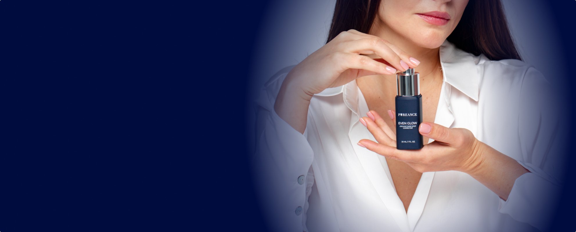 Woman holding Pureance Even Glow bottle with quiz prompt